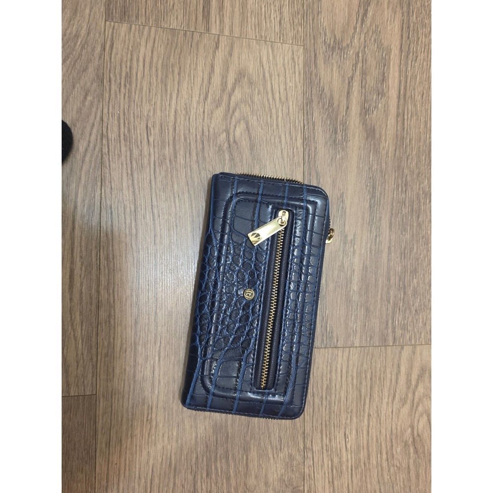Tutilo New York Navy Blue Croc Embossed Zip Around Wallet Phone Clutch Gold Tone